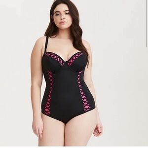 Torrid Black Lattice & Pink Peekaboo Push-Up Demi Swimsuit